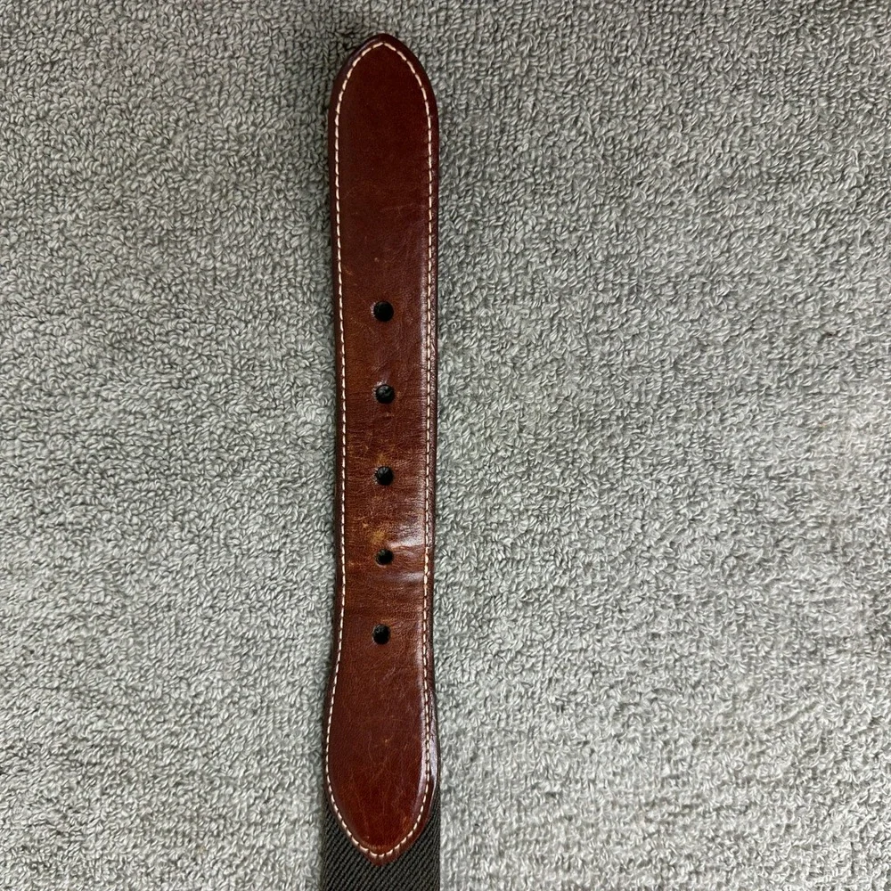 LL Bean Size 34 Woven Elastic Belt Brown Leather Brass Buckle Made in USA